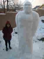 snow sculpture of a Bigfoot